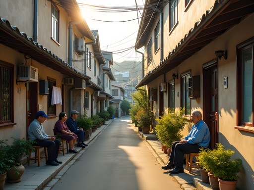 Narrow residential street in Bisan-dong neighborhood with traditional Korean homes
