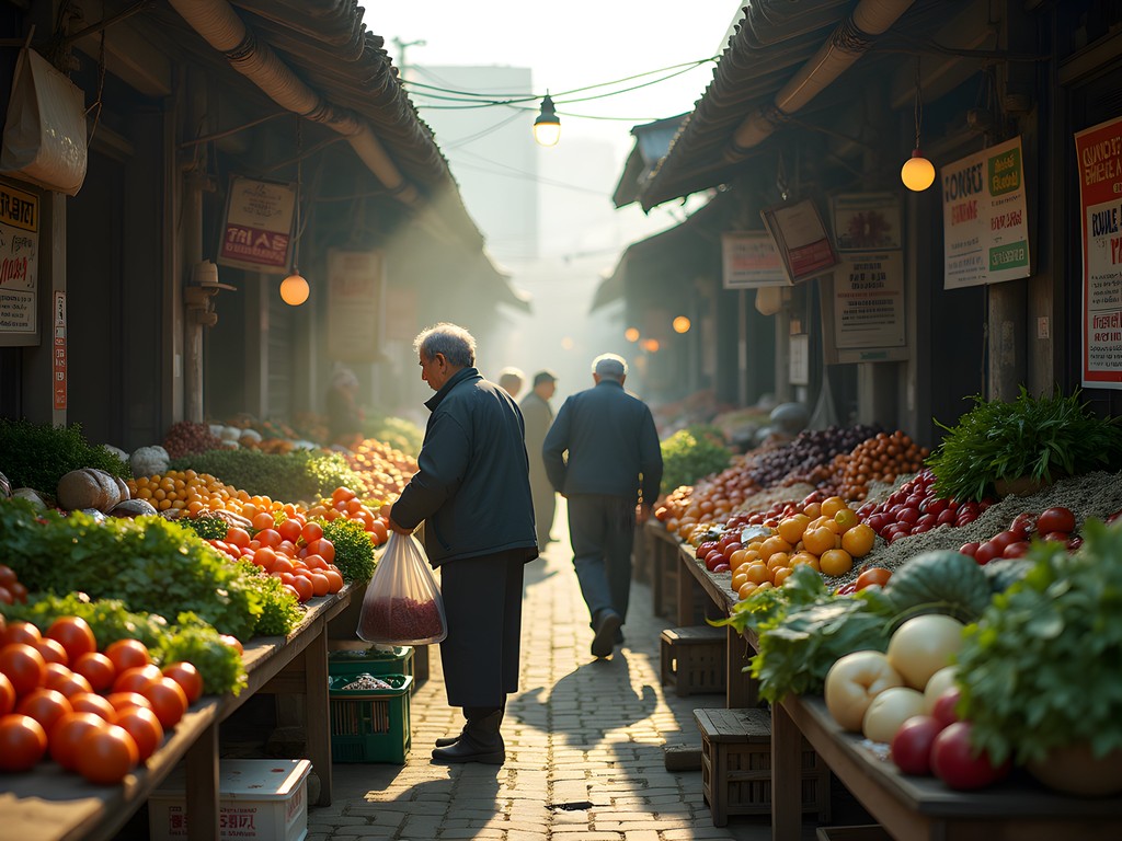 Elderly vendors arranging fresh produce at Chilseong Market in Daegu