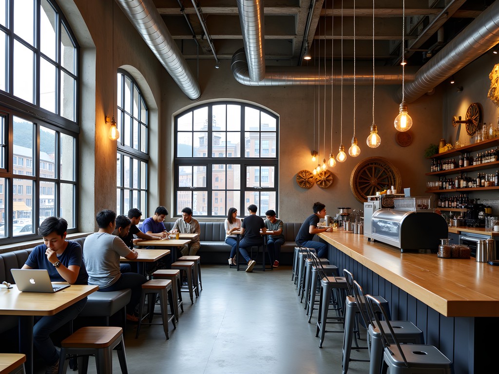 Industrial-chic café interior in repurposed textile factory in Daegu