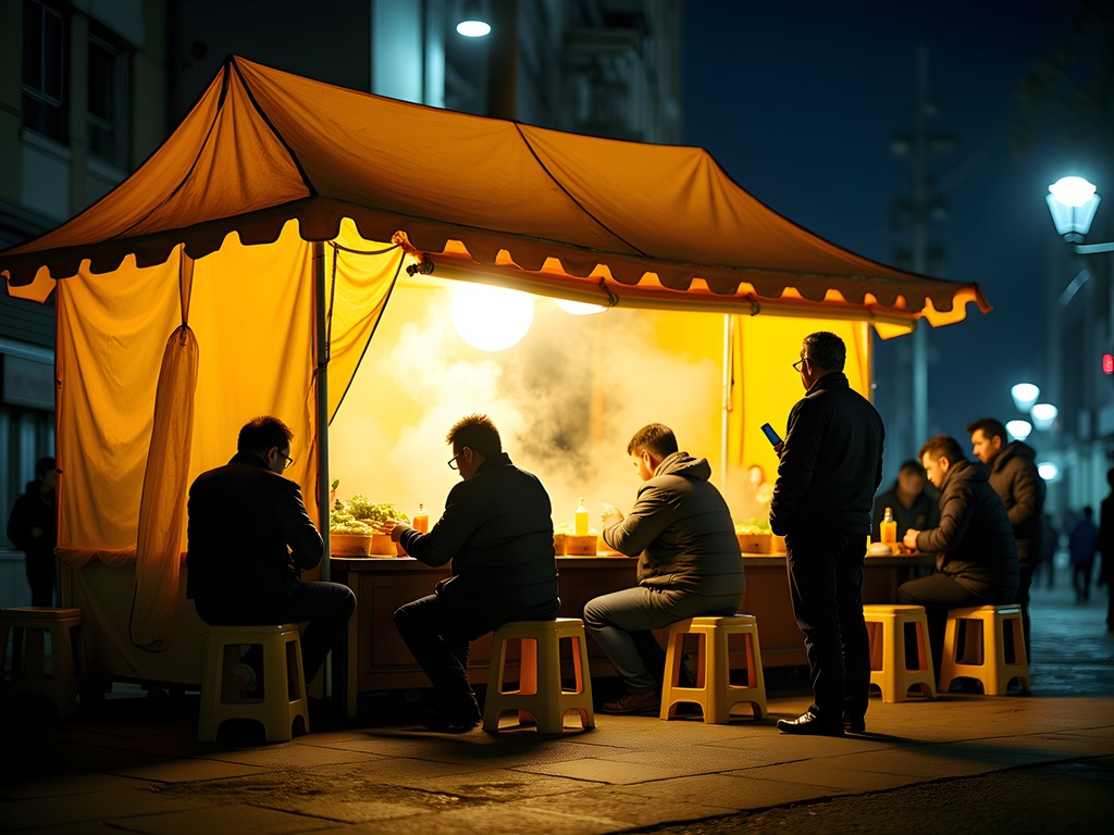 Traditional pojangmacha street food tent illuminated at night in Daegu