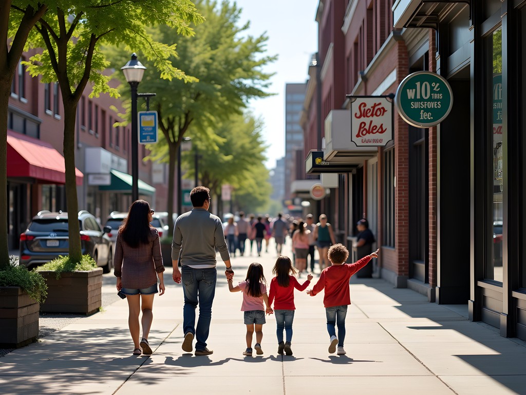 Diverse families walking through downtown Dearborn Michigan on sunny day