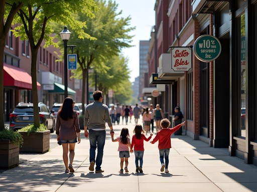 Diverse families walking through downtown Dearborn Michigan on sunny day