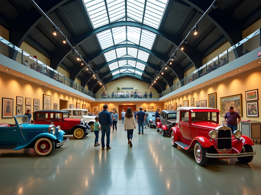 Spacious interior of Henry Ford Museum with historic vehicles and artifacts on display