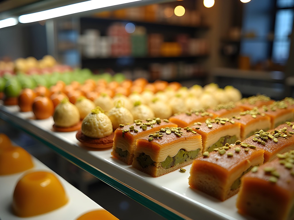 Display case filled with traditional Middle Eastern pastries and baklava in Dearborn bakery