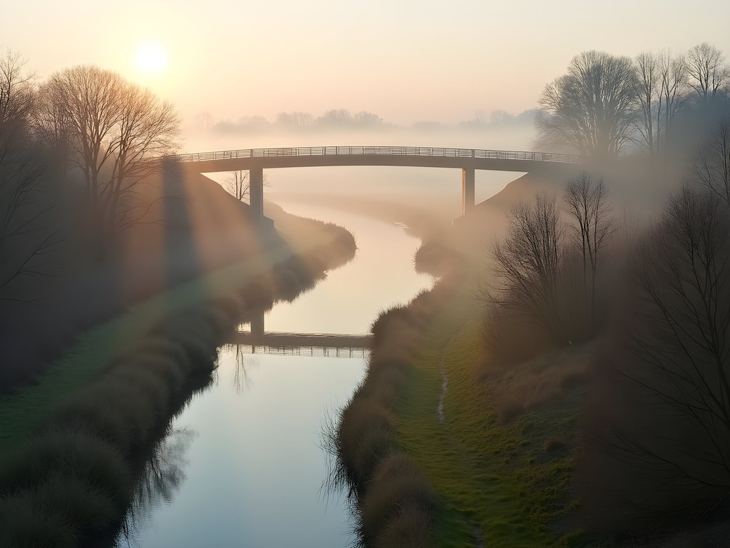 Morning fog over Des Moines River valley in spring with early green vegetation