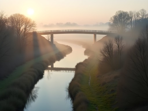 Morning fog over Des Moines River valley in spring with early green vegetation
