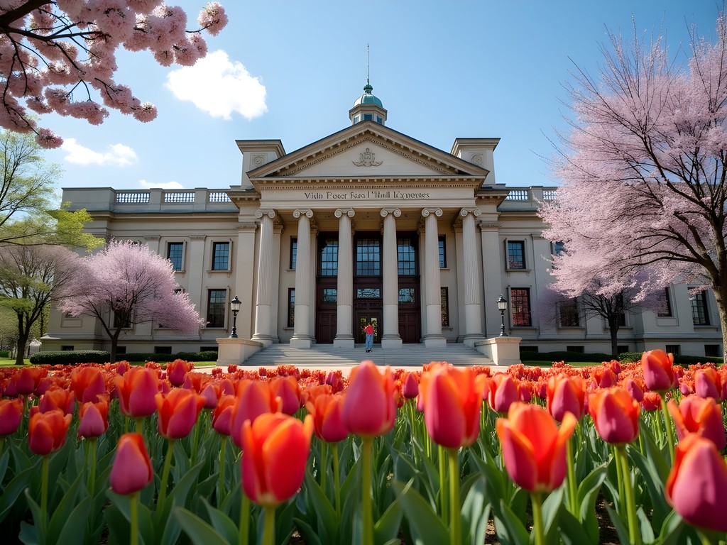 World Food Prize Hall of Laureates building in Des Moines with spring flowers blooming