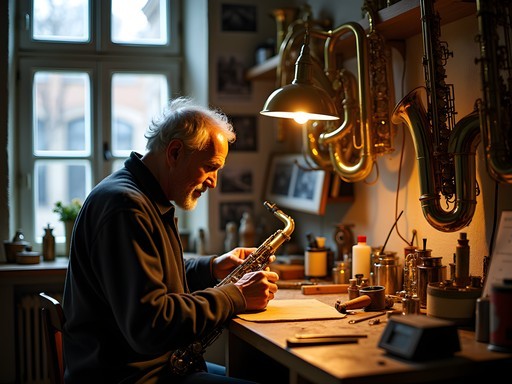 Traditional saxophone workshop in Dinant with craftsman demonstrating brass instrument making