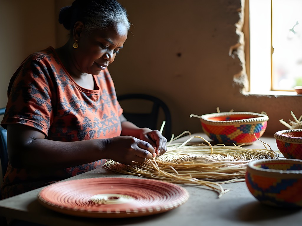 Djiboutian woman artisan weaving traditional basket with intricate patterns
