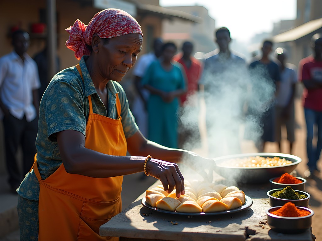 Local street food vendor preparing traditional Djiboutian sambusas