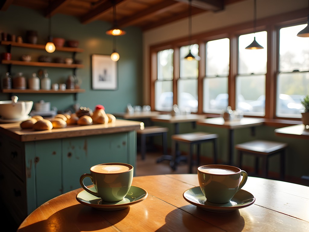 Rustic interior of Kick Ash Coffee in Door County with morning light streaming through windows