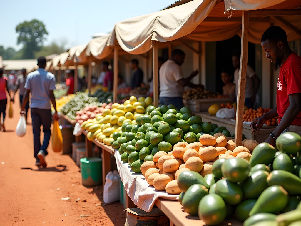 Fresh produce at local market in Eldoret Kenya with vendors and shoppers