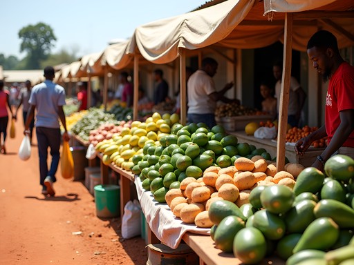 Fresh produce at local market in Eldoret Kenya with vendors and shoppers