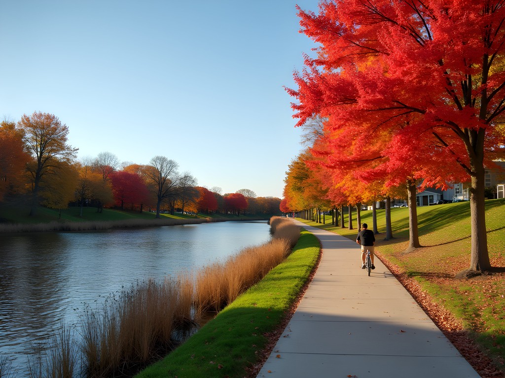 Fox River Trail in Elgin during fall with colorful autumn foliage reflecting in the water