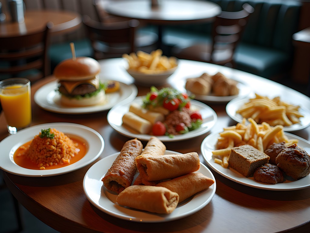 Diverse family meal spread featuring Filipino lumpia, American comfort food, and desserts at Al's Café in Elgin