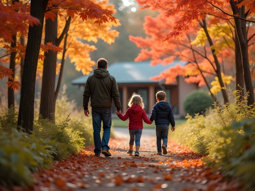 Family exploring autumn trails at Hawthorne Hill Nature Center in Elgin with fall foliage