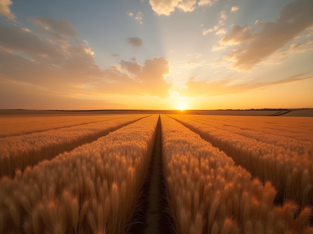 Golden wheat fields at sunset near Enid Oklahoma during fall harvest season