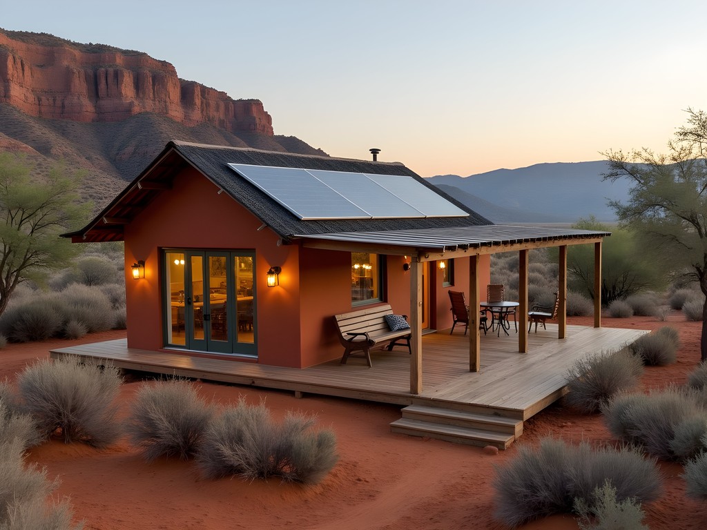 Sustainable eco-lodge near Fish River Canyon with solar panels and desert landscape