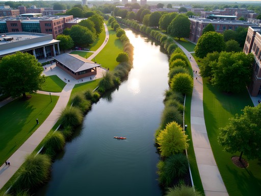 Aerial view of Promenade Park in Fort Wayne showing the riverfront, walking paths, and recreational areas