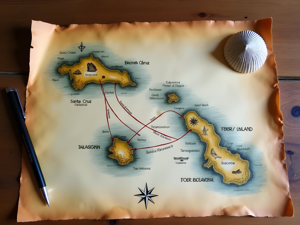 Hand-drawn map of Galápagos island hopping route with annotations
