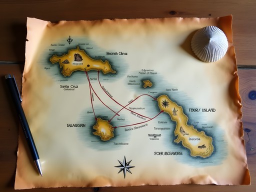 Hand-drawn map of Galápagos island hopping route with annotations
