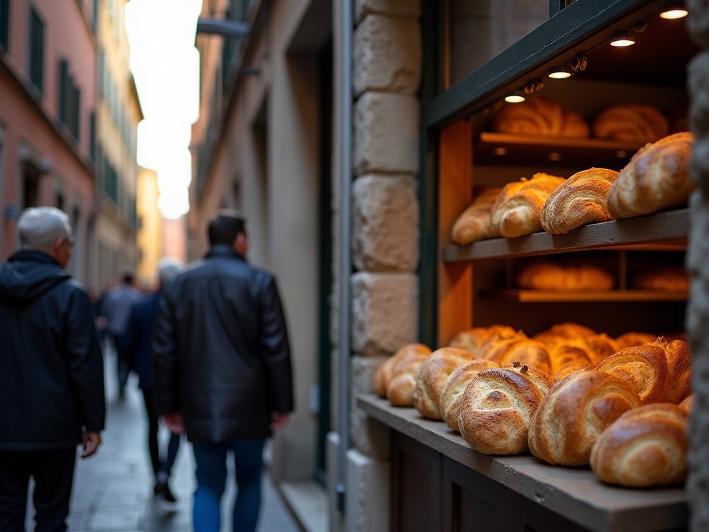 Early morning queue outside traditional Genovese focacceria with fresh bread in window display