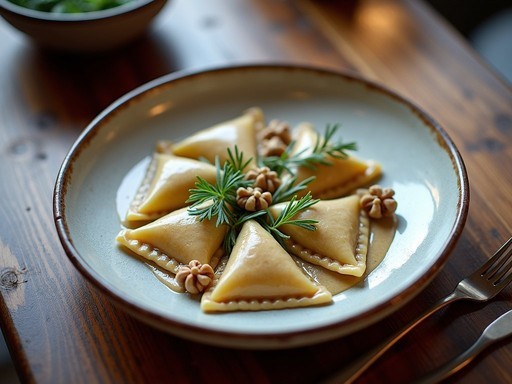 Traditional Ligurian pansoti pasta with walnut sauce served in rustic trattoria in Genoa
