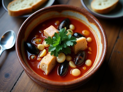 Authentic Ligurian buridda fish stew served in rustic ceramic bowl in Genoa trattoria