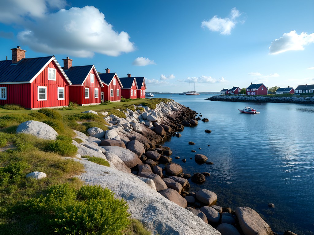 Red wooden cottages along rocky shoreline in Gothenburg's southern archipelago with boats in distance