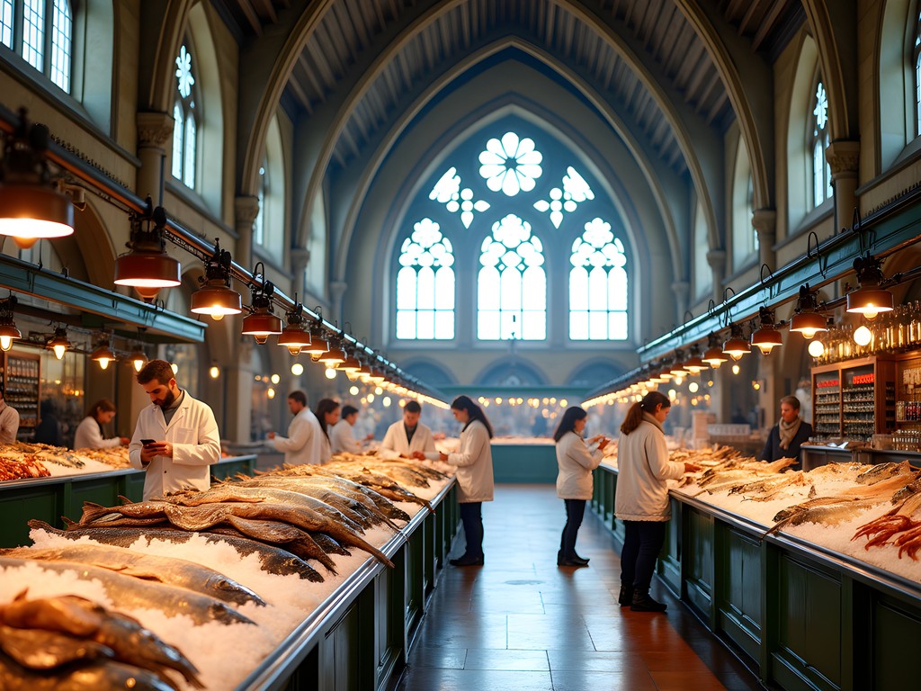 Interior of Gothenburg's historic Fiskekyrkan (Fish Church) market showing seafood displays and Gothic architecture