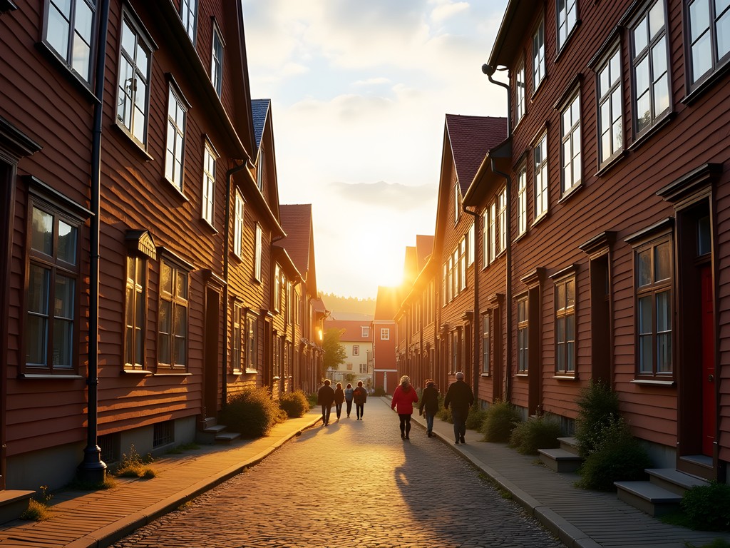 Morning light illuminating cobblestone streets and wooden houses in Gothenburg's historic Haga district