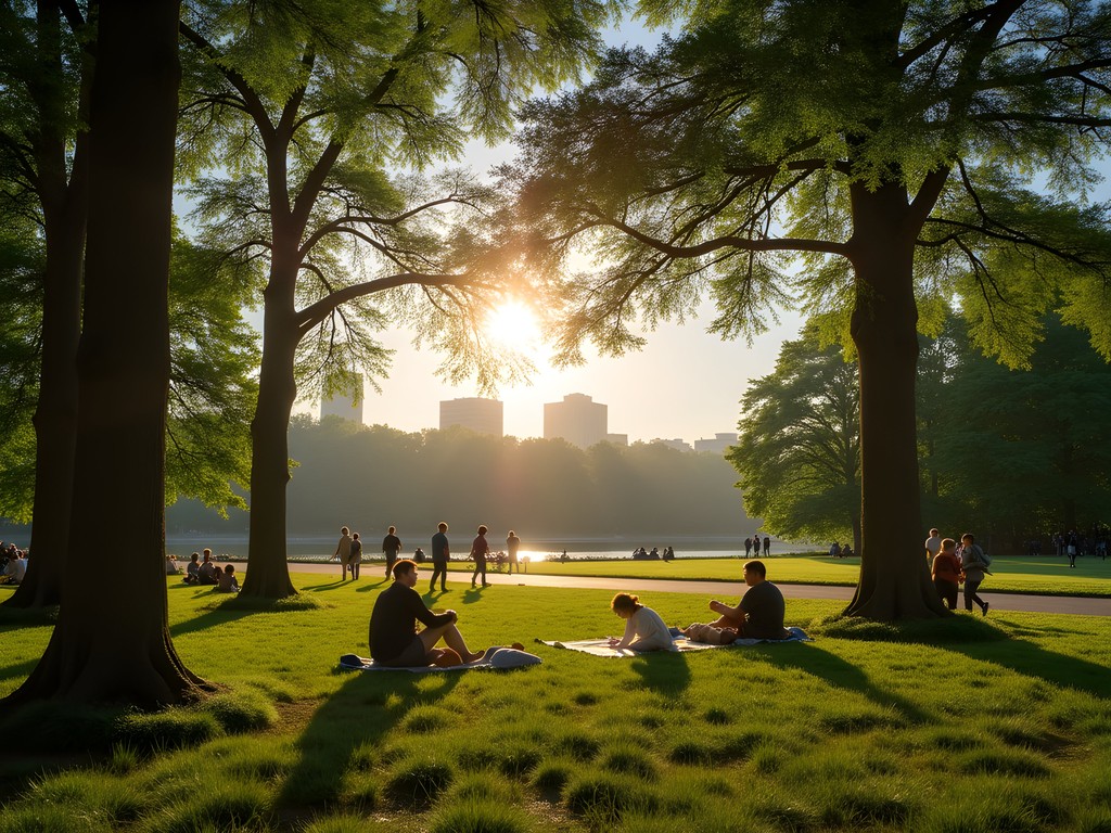 Evening light in Slottsskogen park showing locals enjoying outdoor activities with city skyline in distance