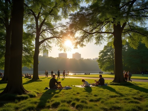 Evening light in Slottsskogen park showing locals enjoying outdoor activities with city skyline in distance