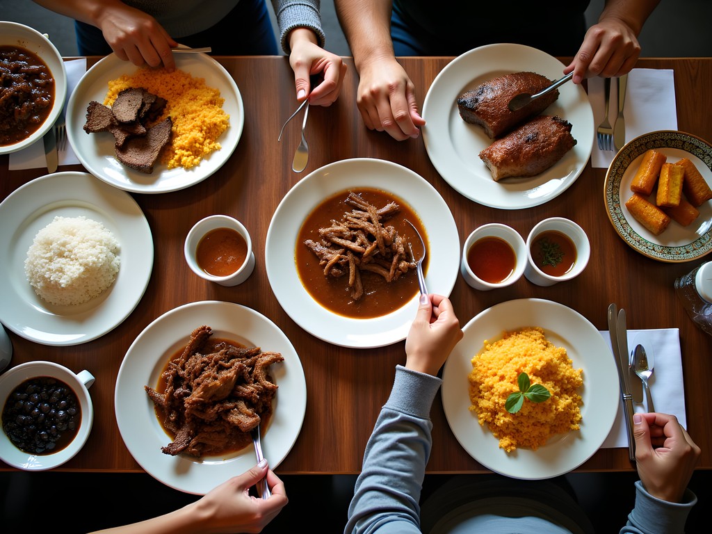 Traditional Cuban family-style dinner spread at a local Hialeah restaurant