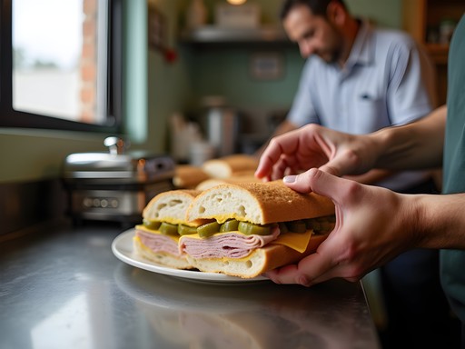 Traditional Cuban sandwich being prepared at a family-owned Hialeah restaurant