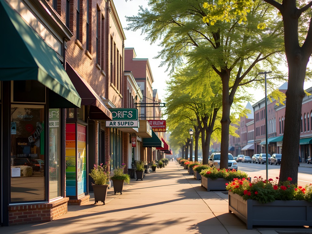 Colorful storefronts and murals in Fondren arts district Jackson Mississippi