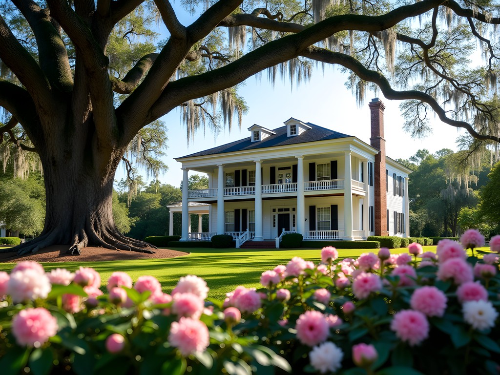 Historic antebellum homes in Jackson Mississippi historic district with blooming azaleas