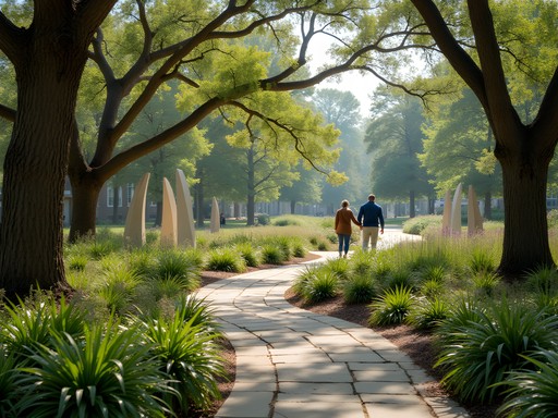 Peaceful sculpture garden at Mississippi Museum of Art in Jackson with modern sculptures and native plants