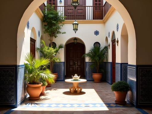 Traditional riad courtyard in Kairouan with morning light streaming in