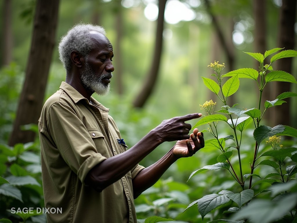 Local guide showing medicinal plants in Kambui Hills Forest Reserve near Kenema