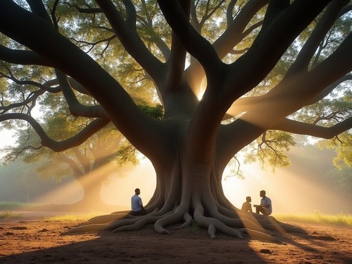 Ancient cotton tree in central Kenema with morning light filtering through branches
