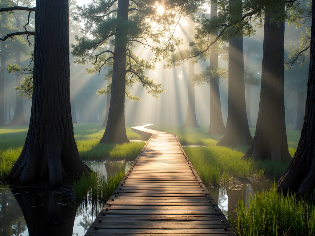 Wooden boardwalk through LaBranche Wetlands near Kenner, Louisiana
