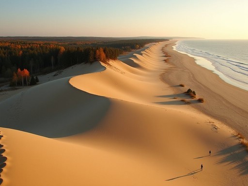 Vast sand dunes of the Curonian Spit with Baltic Sea in background during fall season