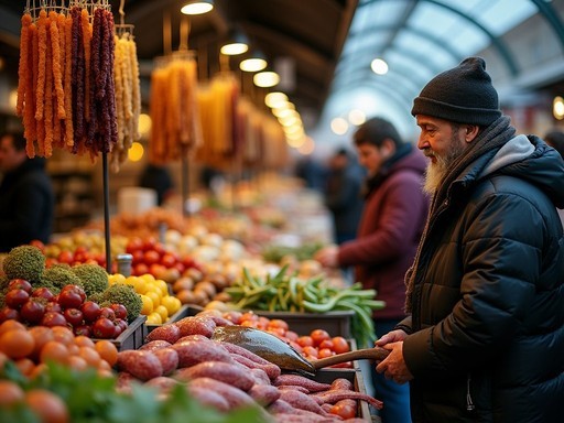 Bustling central market in Klaipeda with local vendors selling fresh produce and Lithuanian specialties