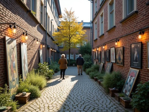 Hidden courtyard art gallery in Klaipeda with local artwork displayed among Soviet-era architecture