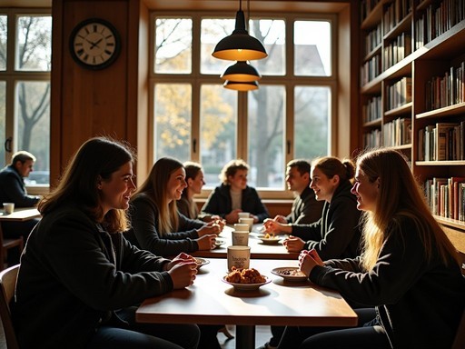 Cozy university cafe in Klaipeda with students and locals engaging in conversation