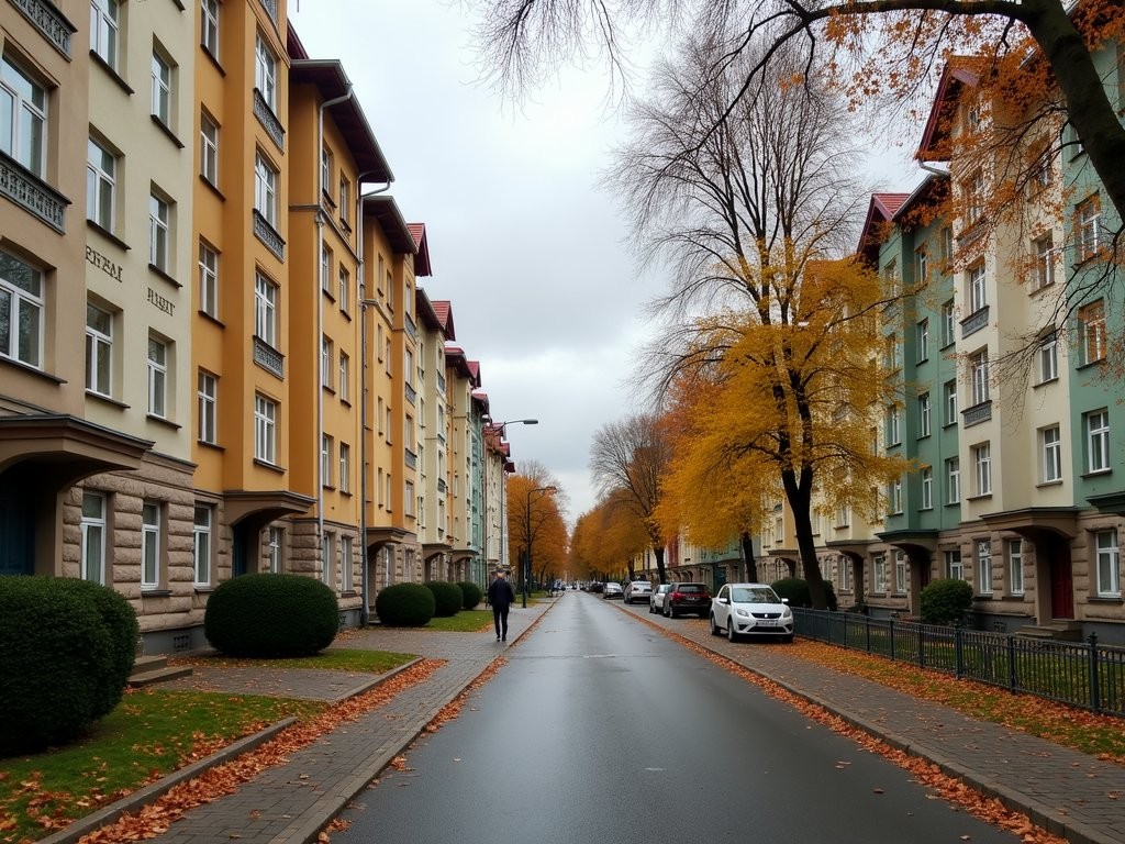 Quiet residential neighborhood in Klaipeda with Soviet-era apartment buildings and tree-lined streets
