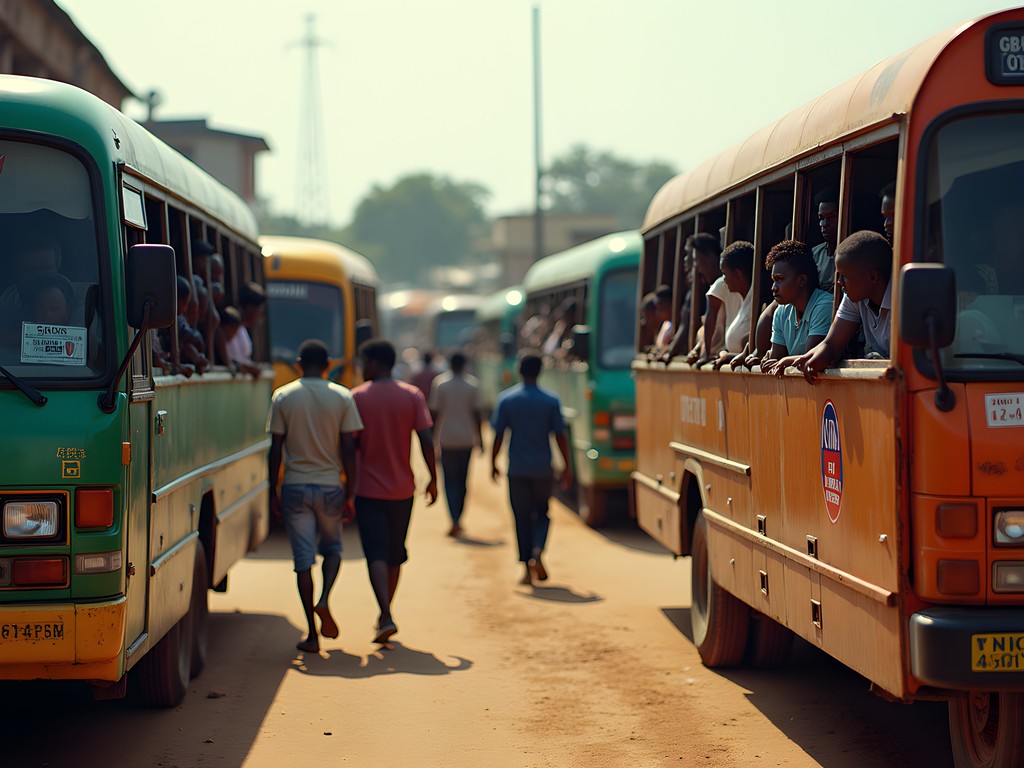 Busy trotro station in Kumasi with locals navigating public transport