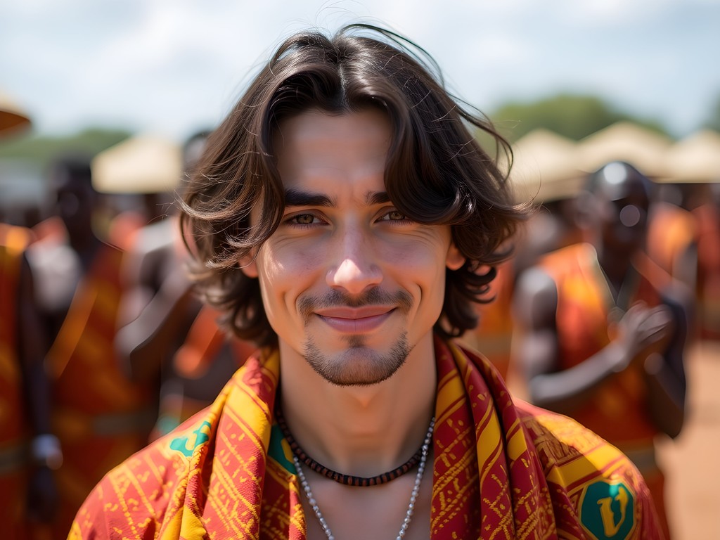 Trevor wearing traditional Ashanti kente cloth at cultural ceremony