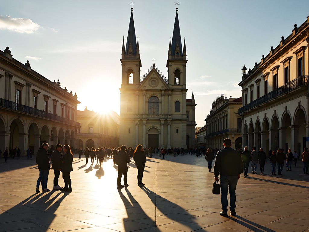 Neo-Gothic Cathedral of La Plata overlooking Plaza Moreno with morning light